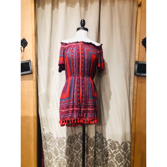 Blue Rain red/blue off the shoulder romper - Picture 2 of 7